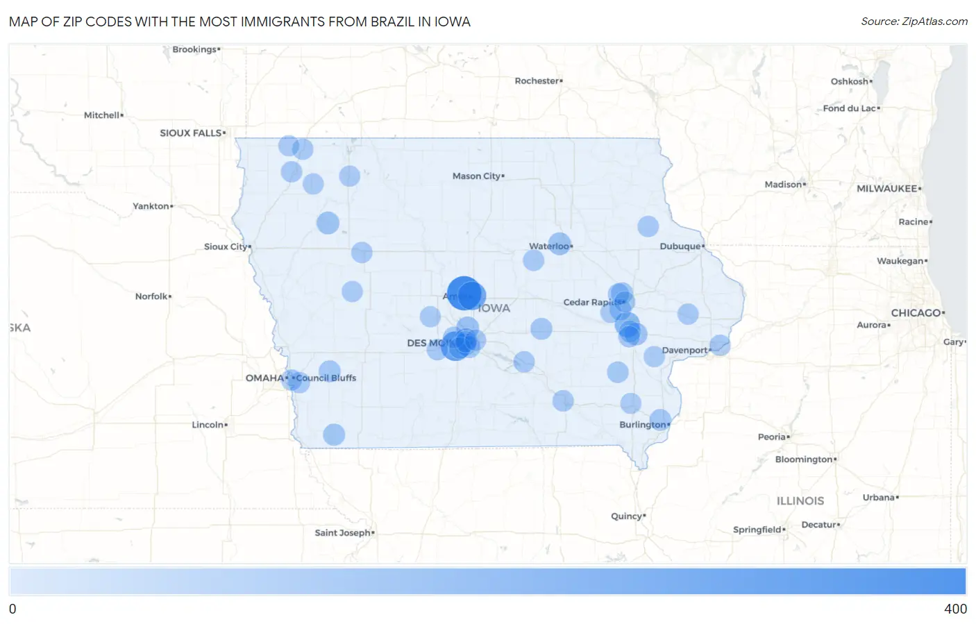 Zip Codes with the Most Immigrants from Brazil in Iowa Map