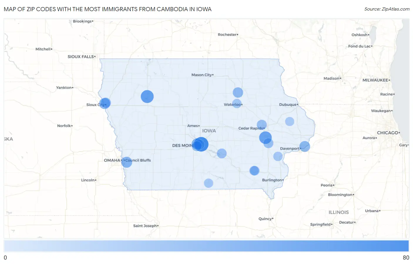Zip Codes with the Most Immigrants from Cambodia in Iowa Map