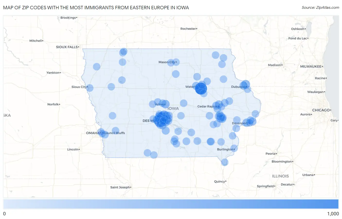 Zip Codes with the Most Immigrants from Eastern Europe in Iowa Map