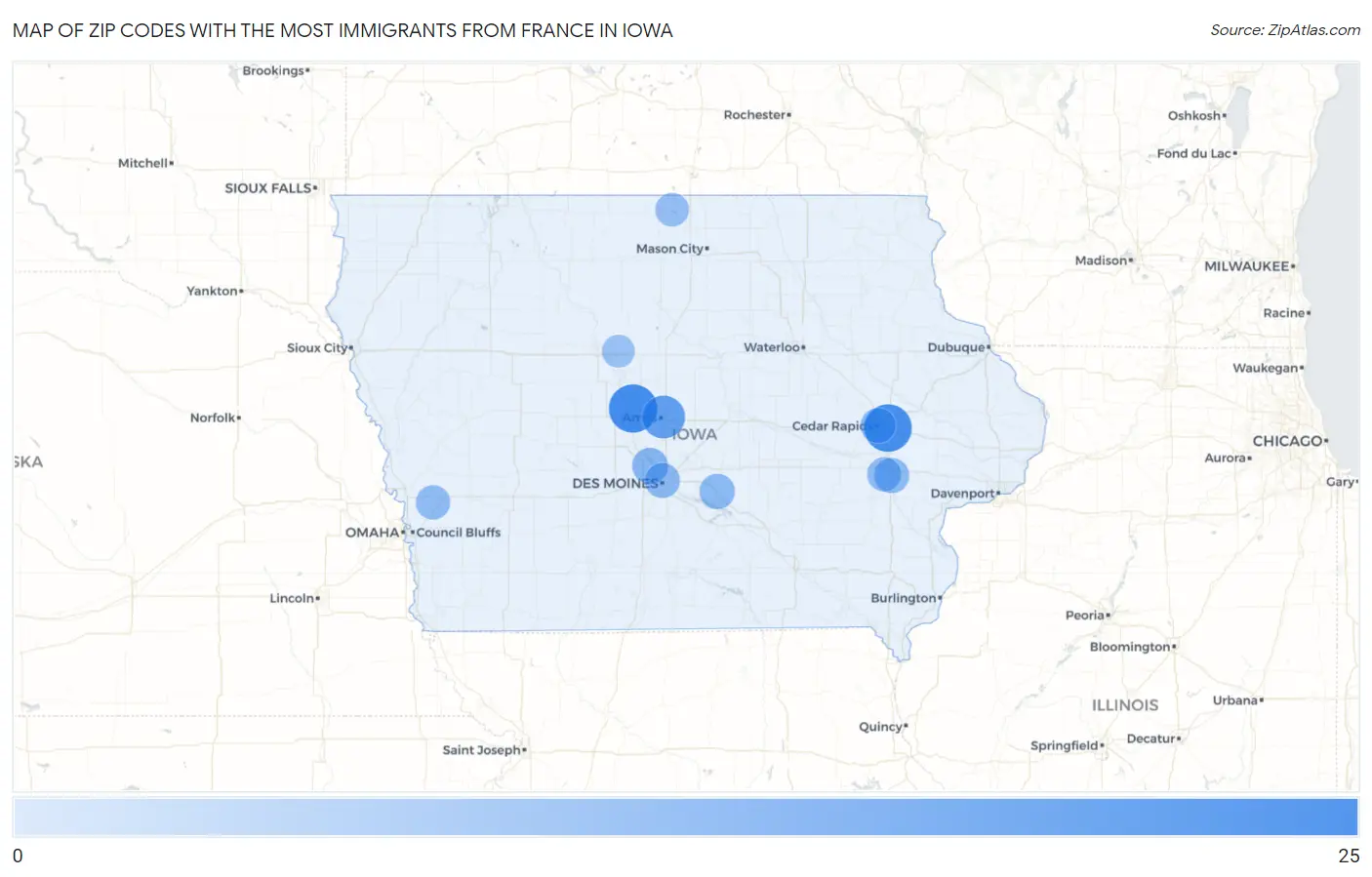 Zip Codes with the Most Immigrants from France in Iowa Map