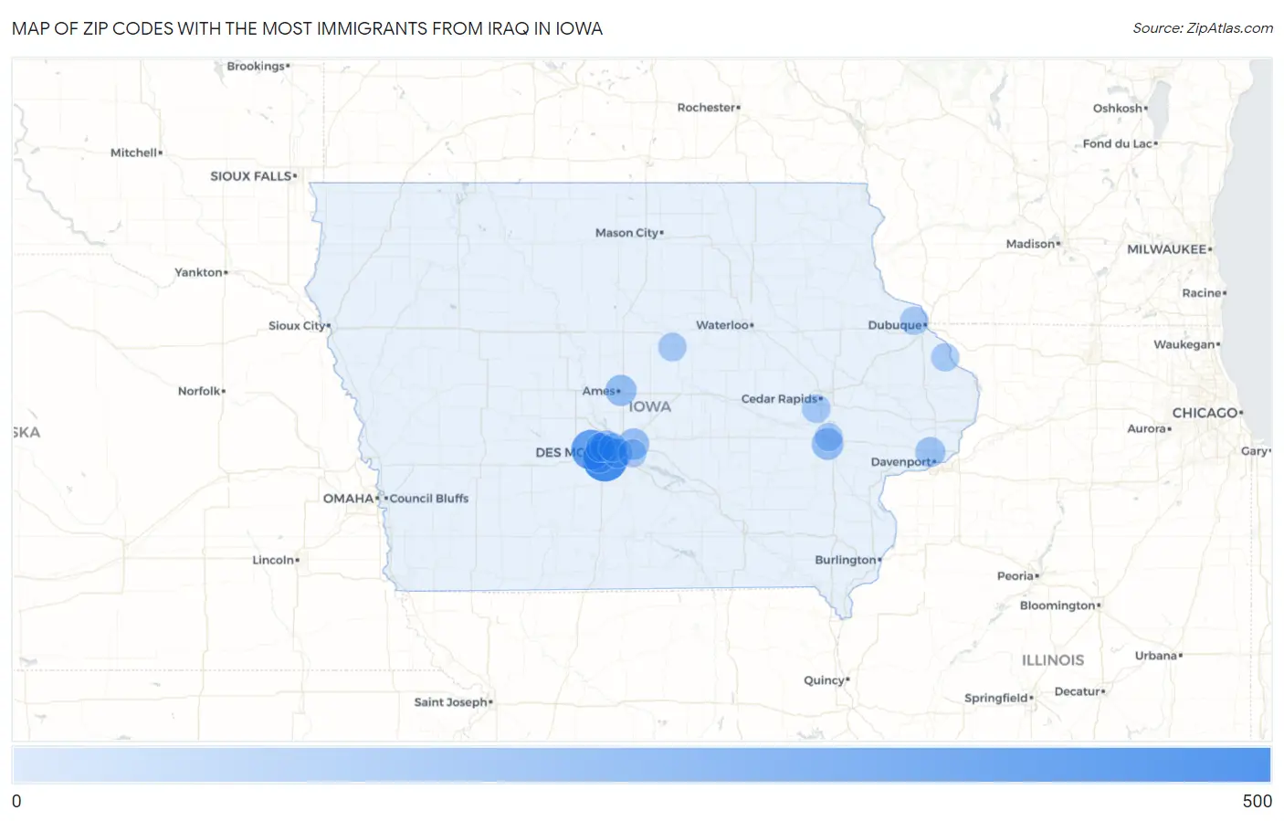 Zip Codes with the Most Immigrants from Iraq in Iowa Map