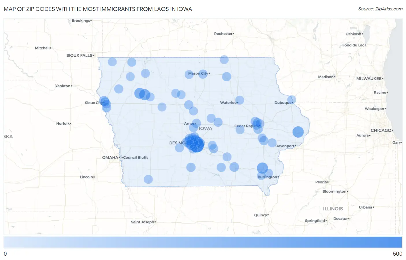 Zip Codes with the Most Immigrants from Laos in Iowa Map