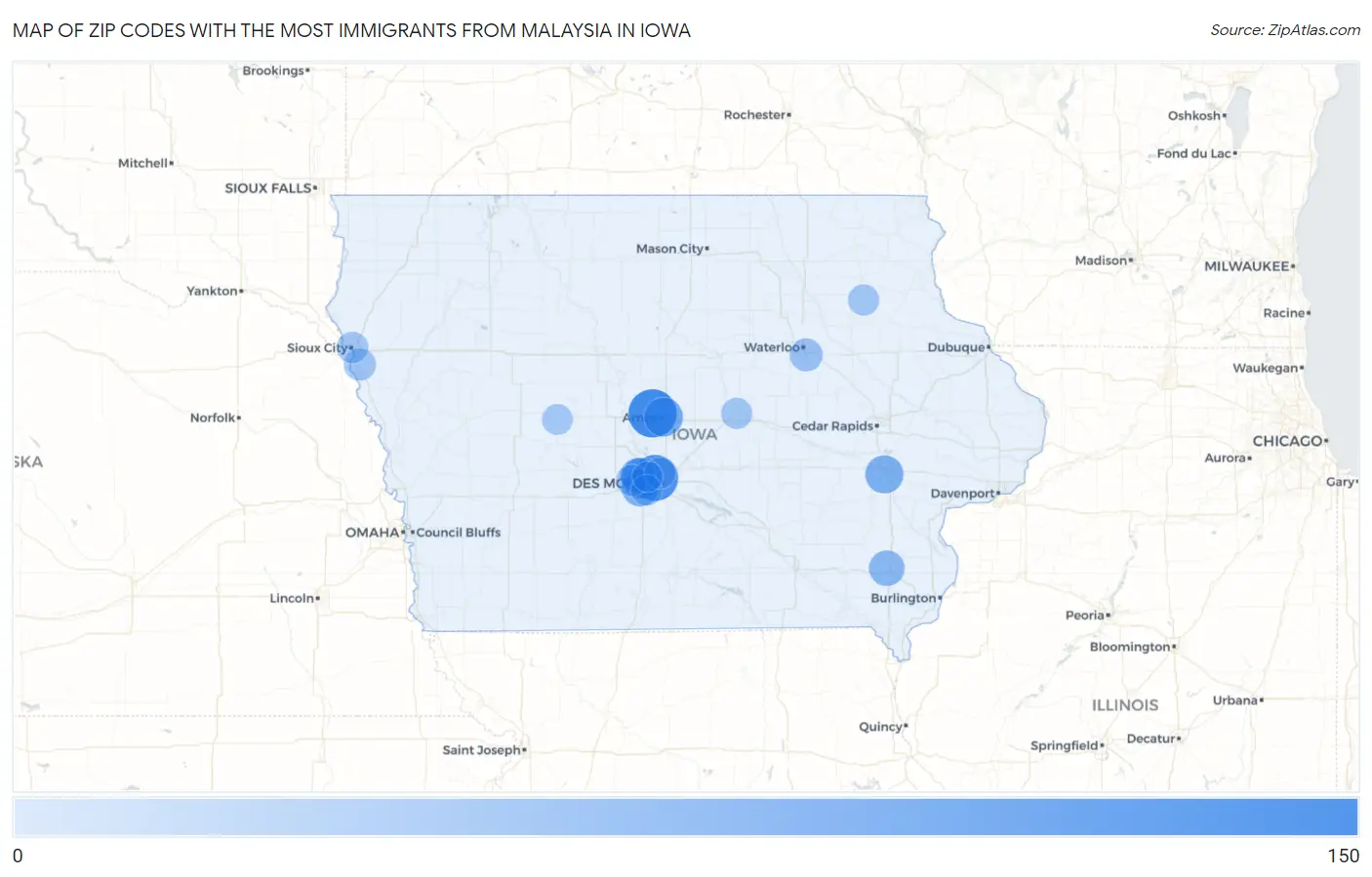 Zip Codes with the Most Immigrants from Malaysia in Iowa Map