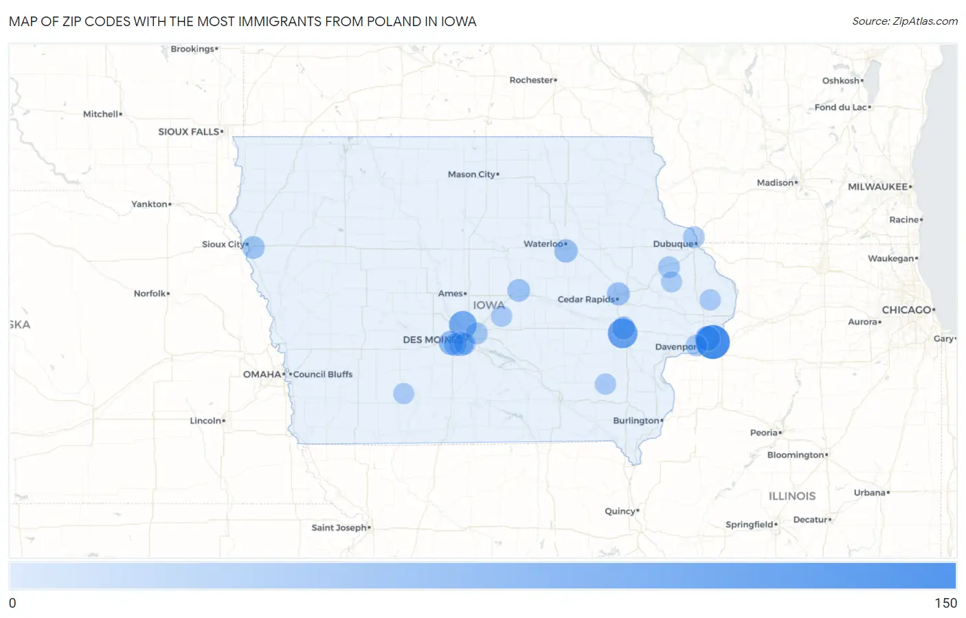 Zip Codes with the Most Immigrants from Poland in Iowa Map
