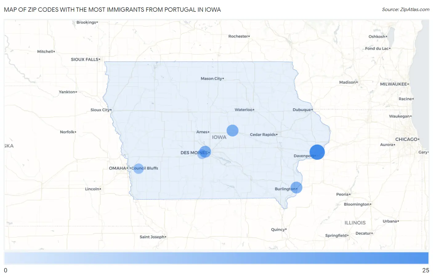 Zip Codes with the Most Immigrants from Portugal in Iowa Map