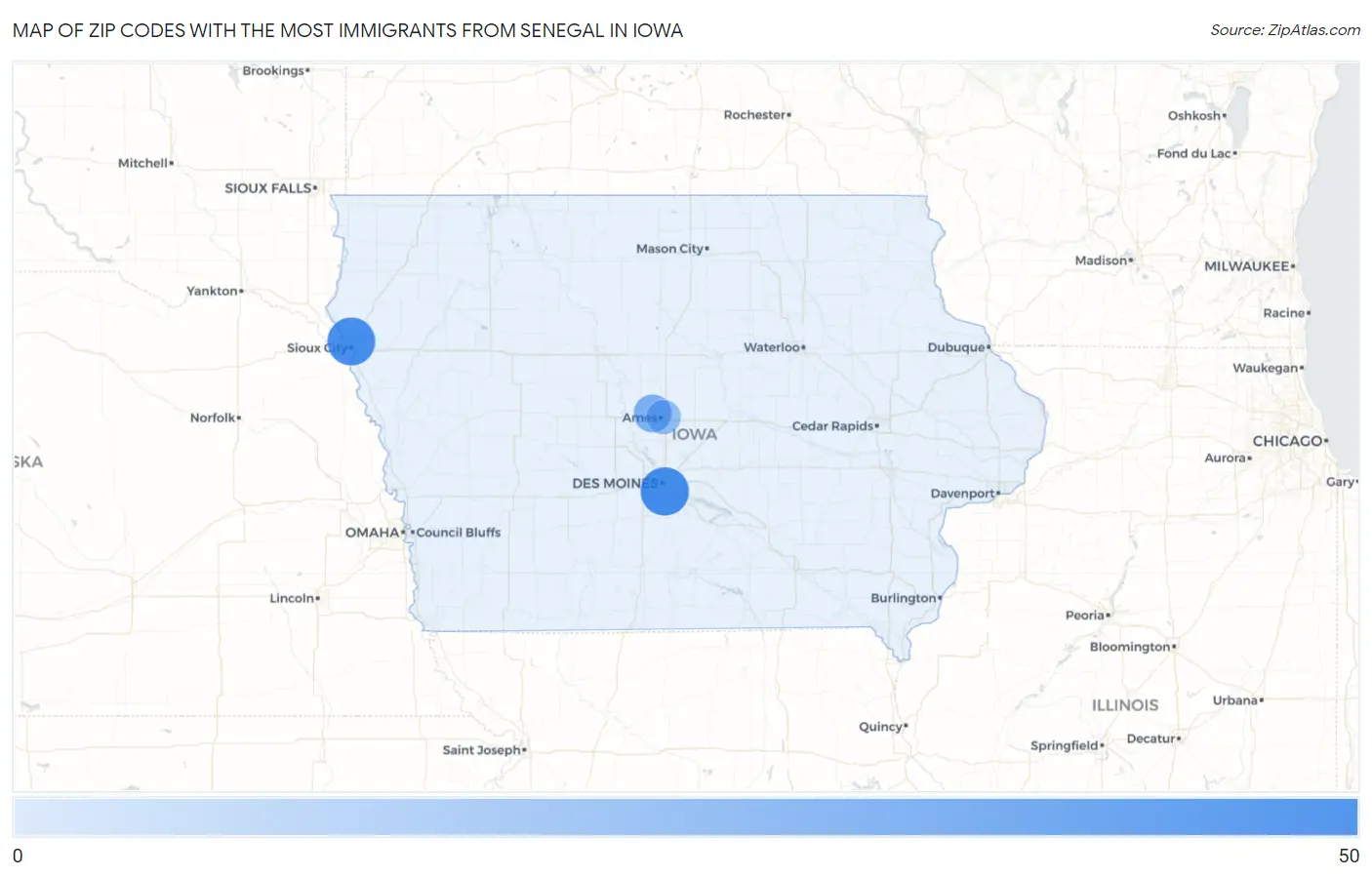 Zip Codes with the Most Immigrants from Senegal in Iowa Map