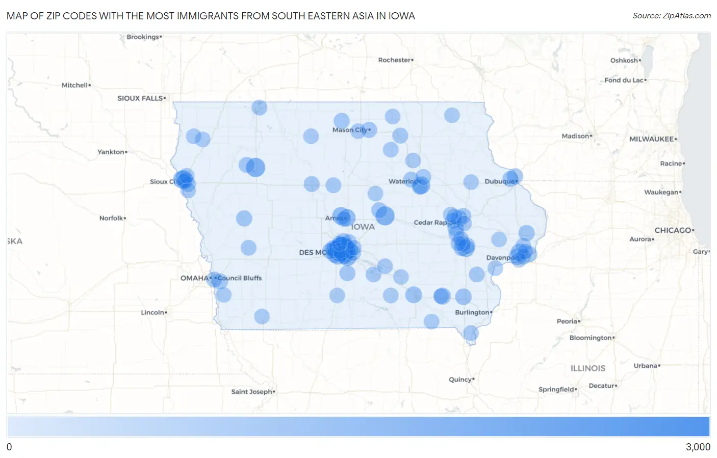Zip Codes with the Most Immigrants from South Eastern Asia in Iowa Map