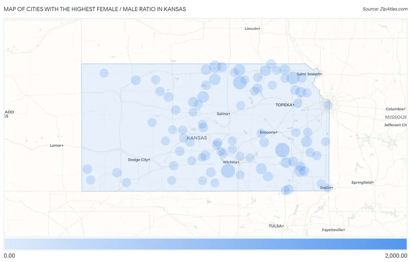 Cities with the Highest Female / Male Ratio in Kansas Map