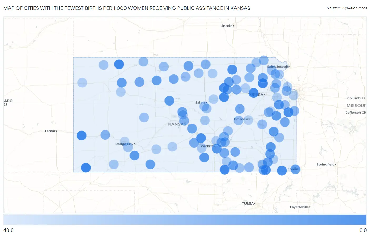 Cities with the Fewest Births per 1,000 Women Receiving Public Assitance in Kansas Map