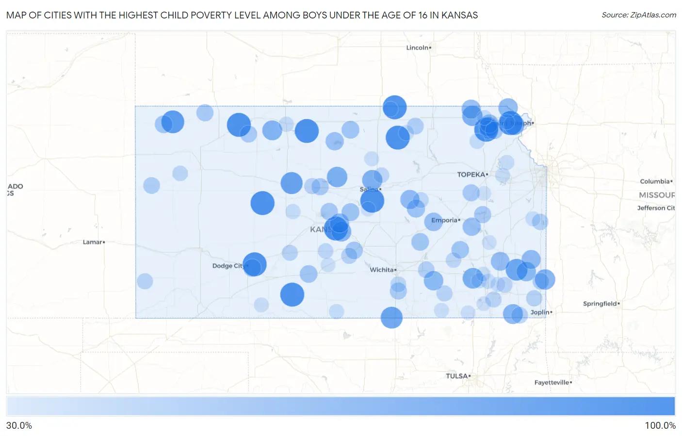 Cities with the Highest Child Poverty Level Among Boys Under the Age of 16 in Kansas Map