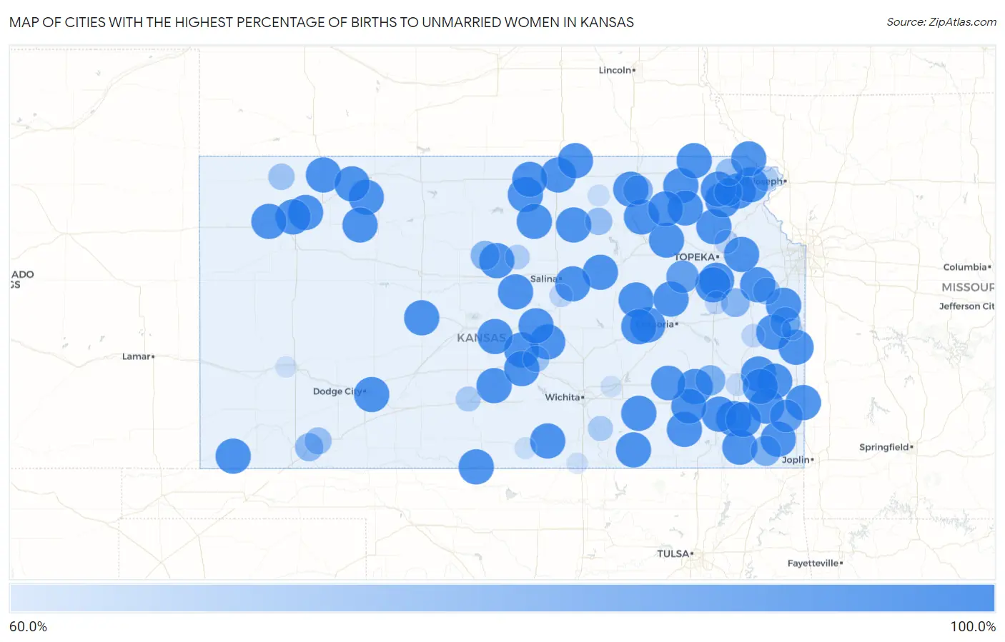 Cities with the Highest Percentage of Births to Unmarried Women in Kansas Map