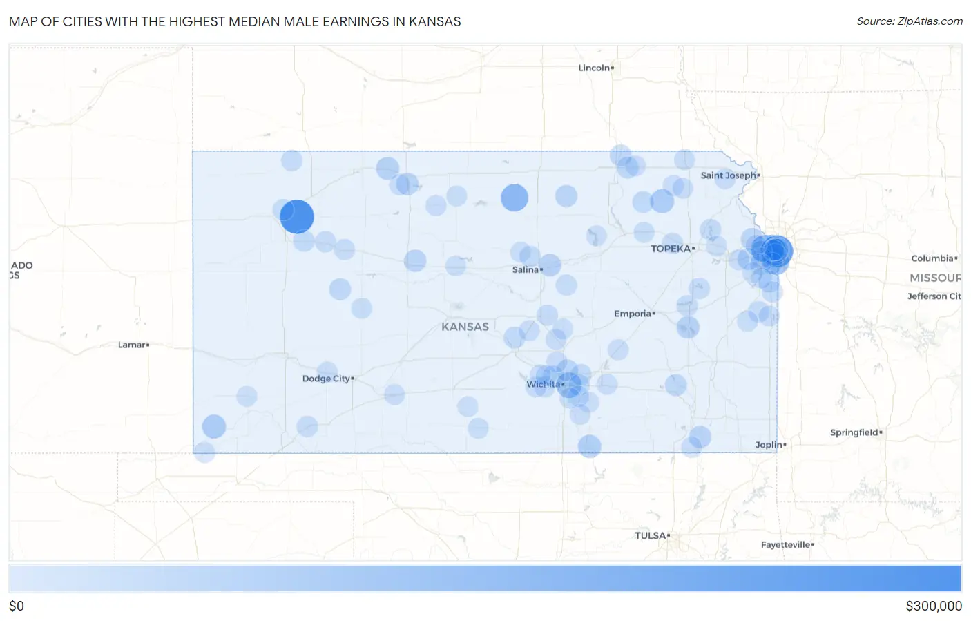 Cities with the Highest Median Male Earnings in Kansas Map