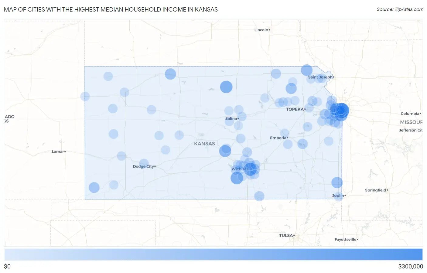 Cities with the Highest Median Household Income in Kansas Map
