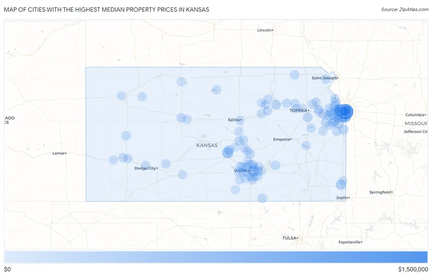 Cities with the Highest Median Property Prices in Kansas Map