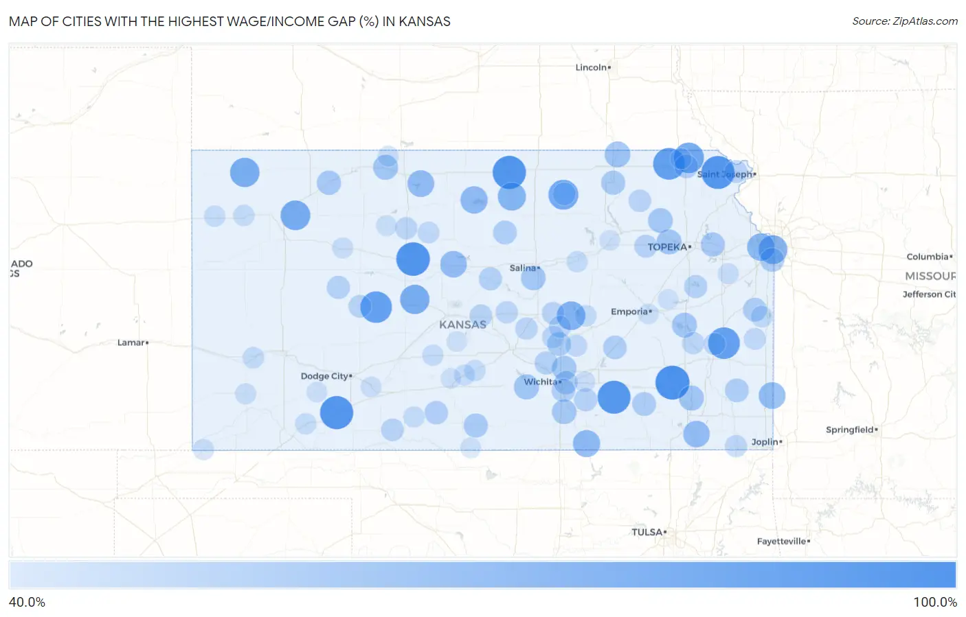 Cities with the Highest Wage/Income Gap (%) in Kansas Map