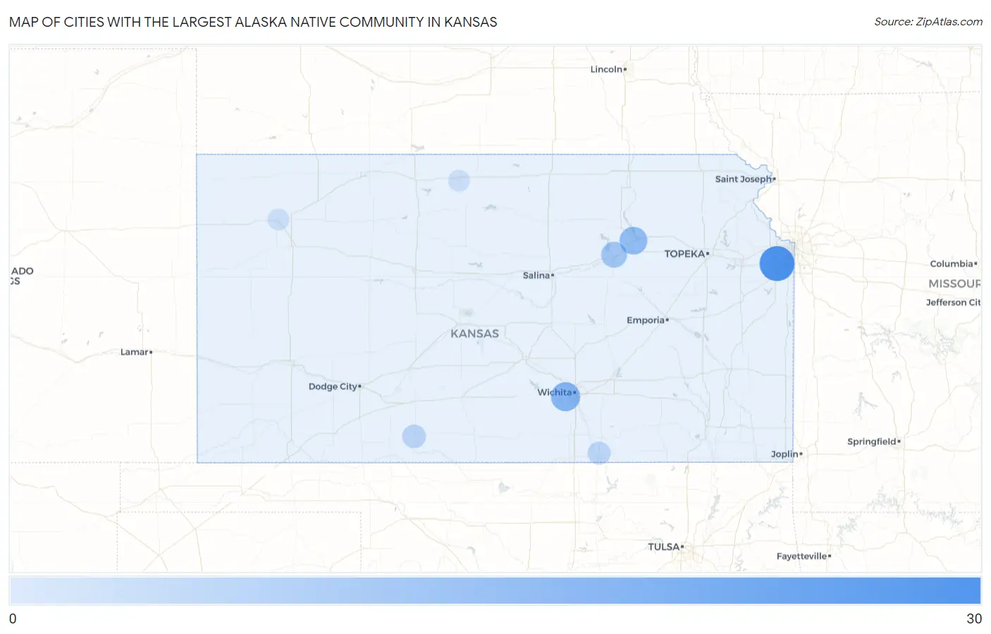 Cities with the Largest Alaska Native Community in Kansas Map