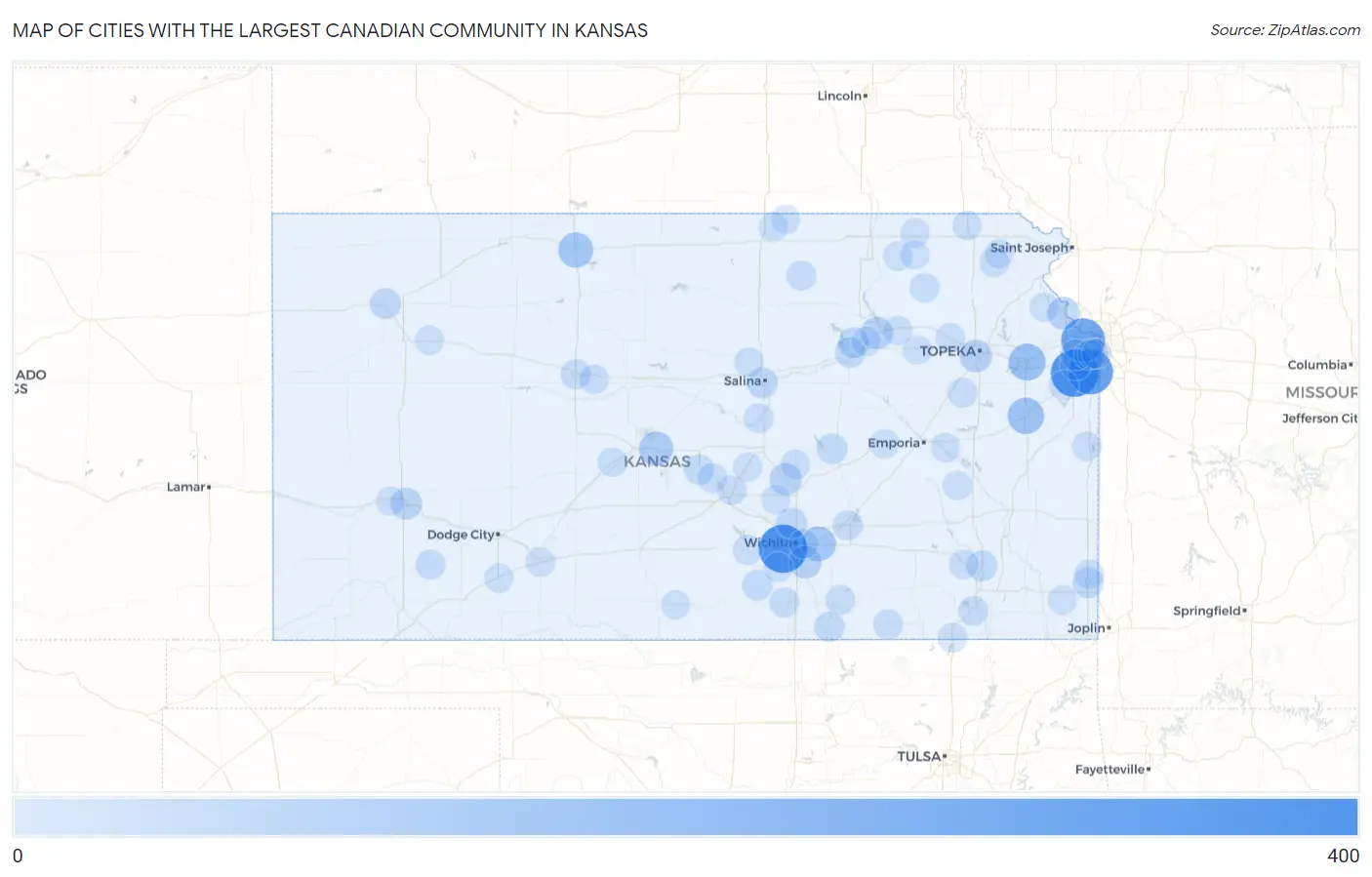 Cities with the Largest Canadian Community in Kansas Map