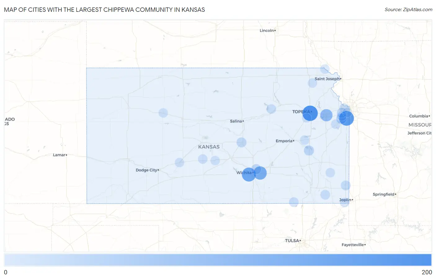 Cities with the Largest Chippewa Community in Kansas Map