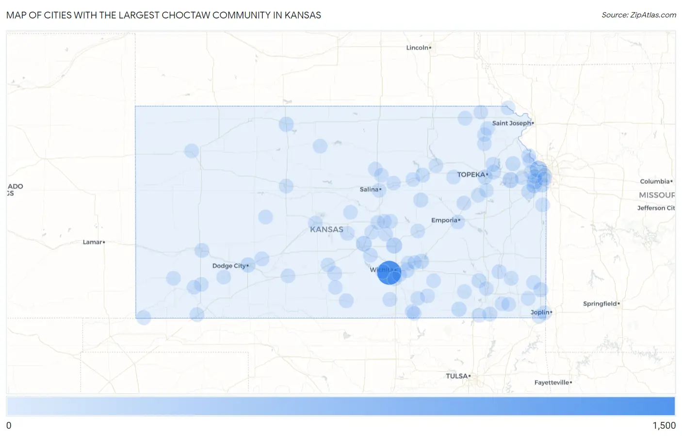 Cities with the Largest Choctaw Community in Kansas Map