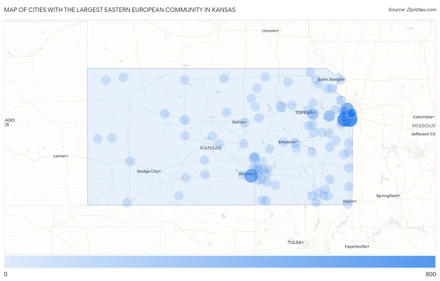 Cities with the Largest Eastern European Community in Kansas Map