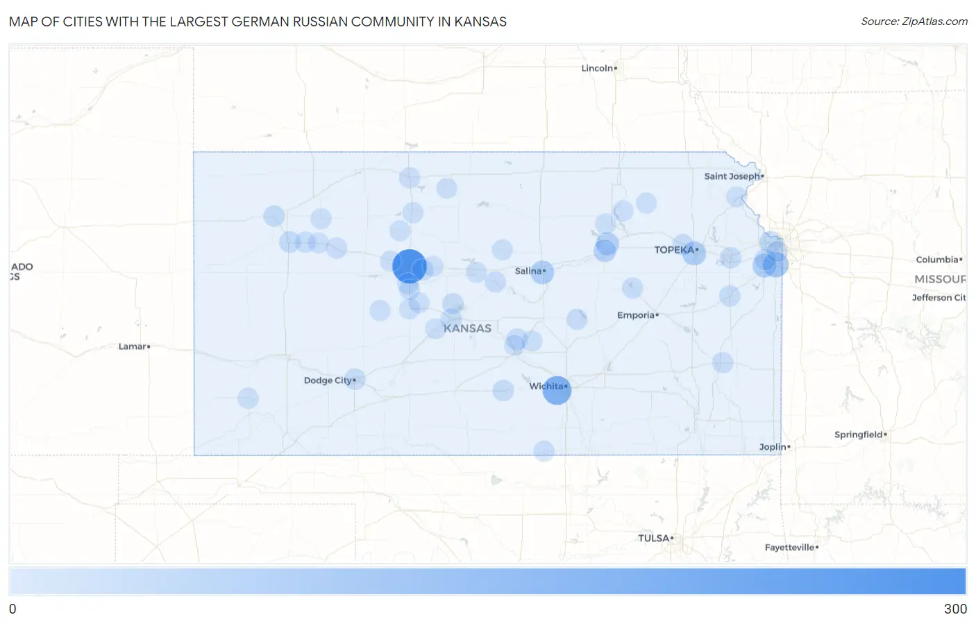 Cities with the Largest German Russian Community in Kansas Map