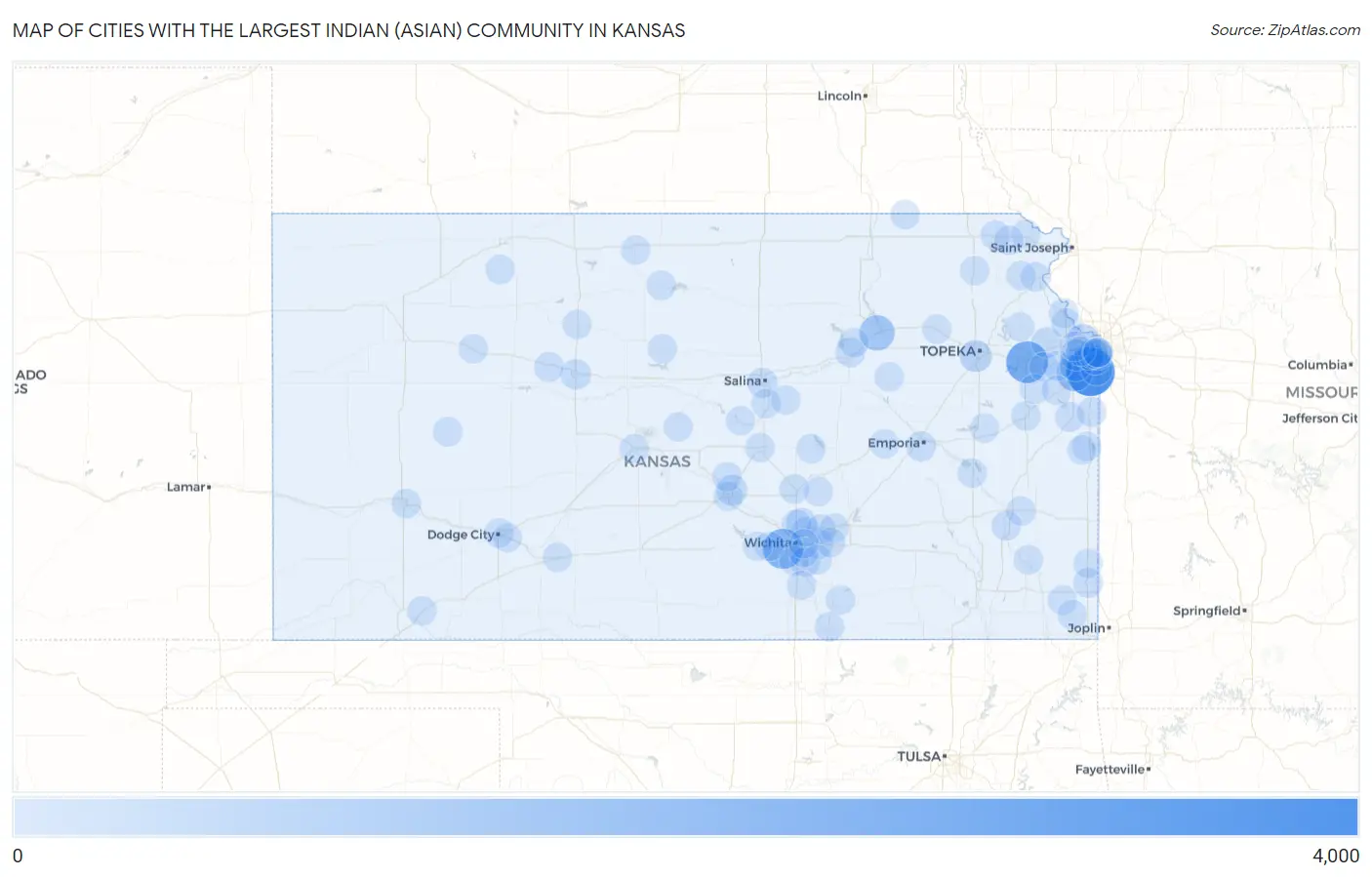 Cities with the Largest Indian (Asian) Community in Kansas Map