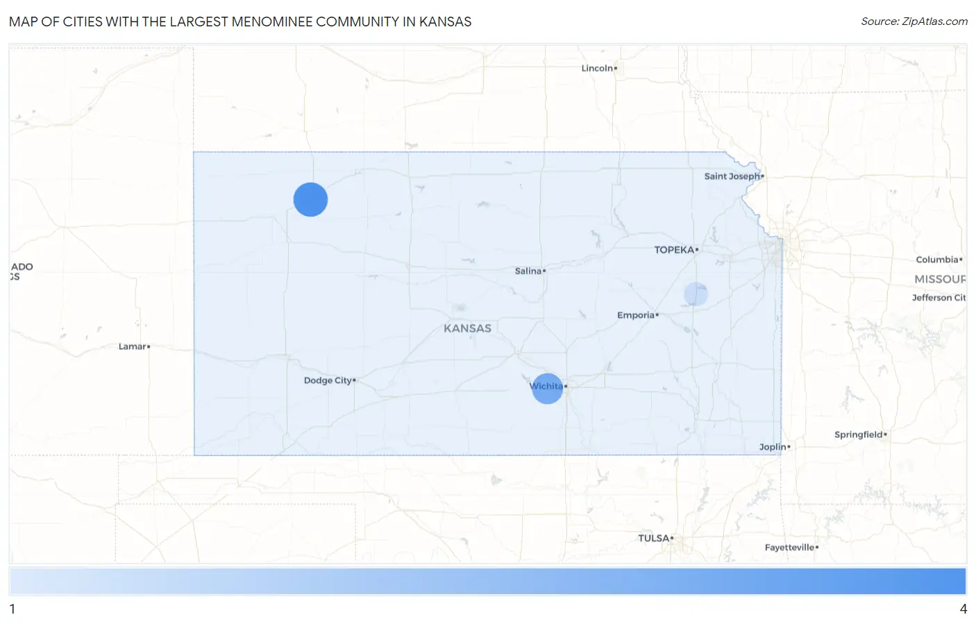 Cities with the Largest Menominee Community in Kansas Map