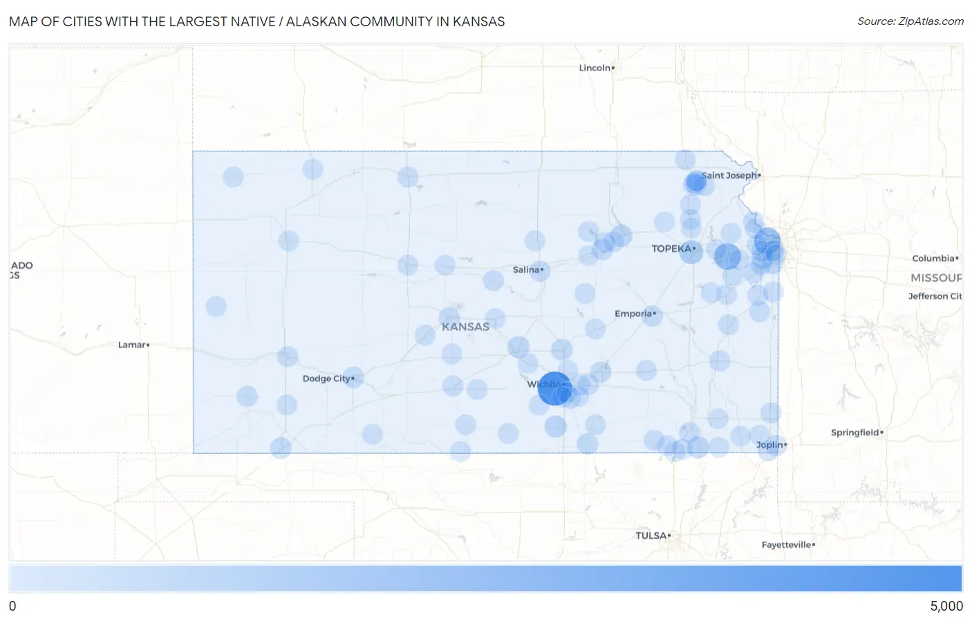 Cities with the Largest Native / Alaskan Community in Kansas Map