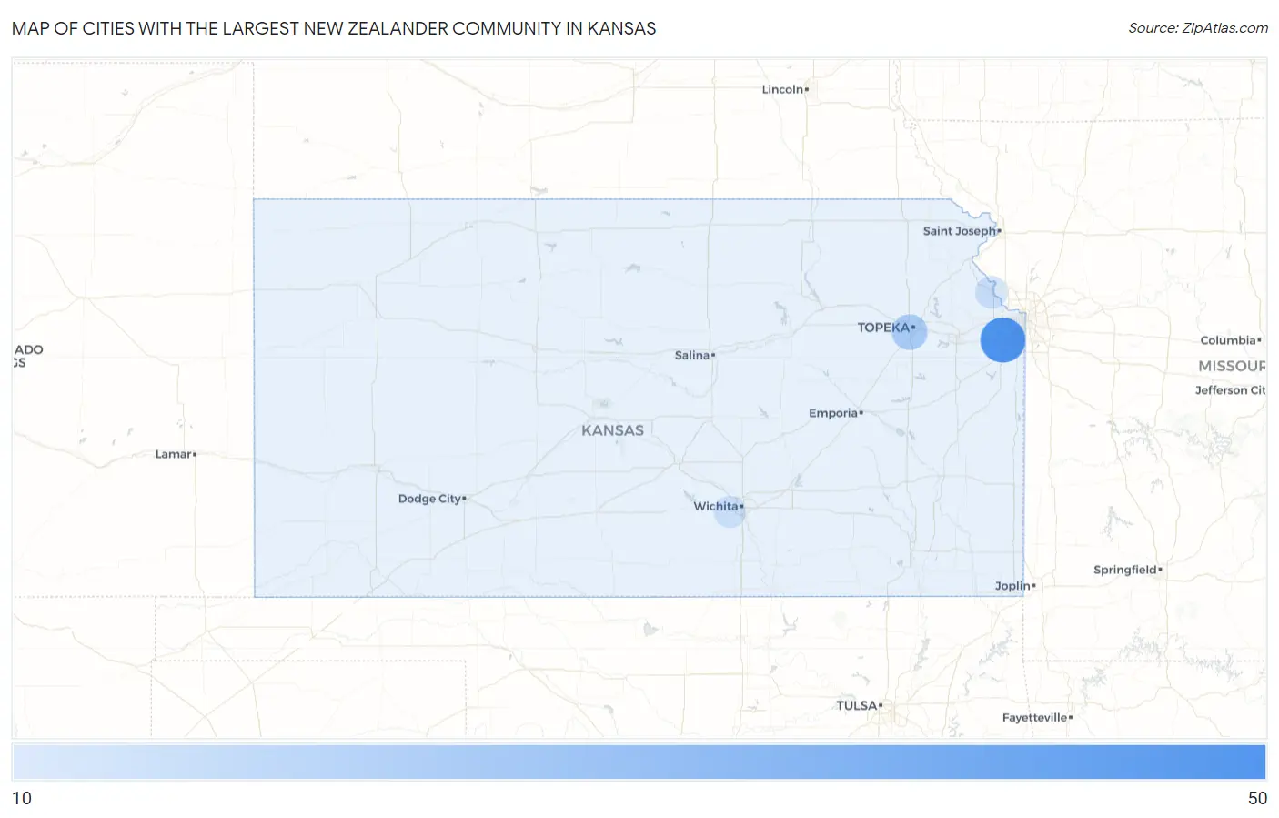 Cities with the Largest New Zealander Community in Kansas Map