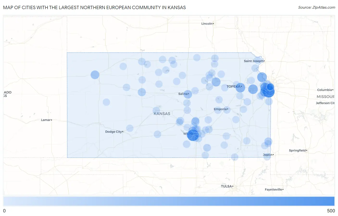 Cities with the Largest Northern European Community in Kansas Map