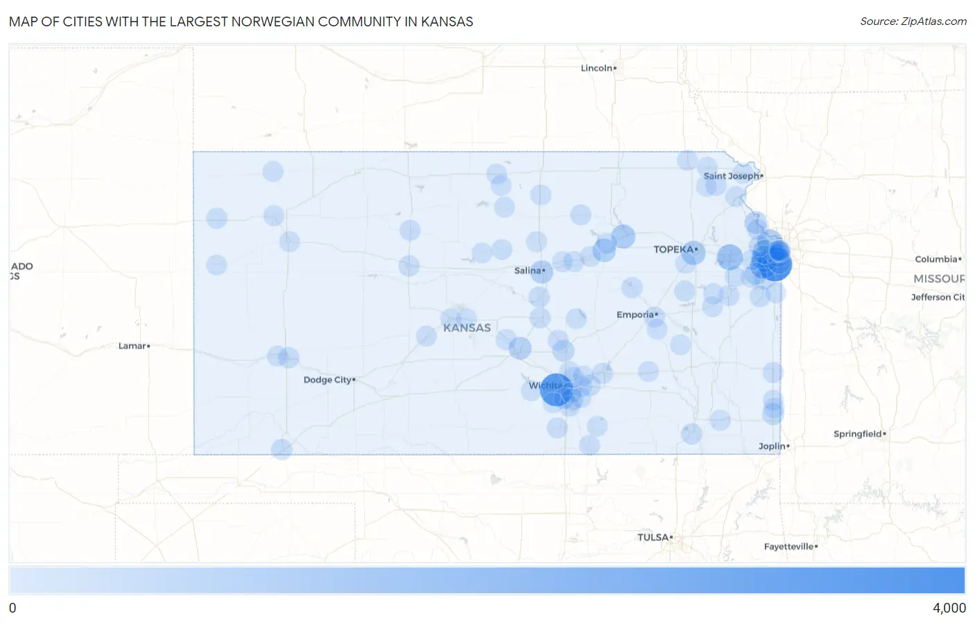 Cities with the Largest Norwegian Community in Kansas Map