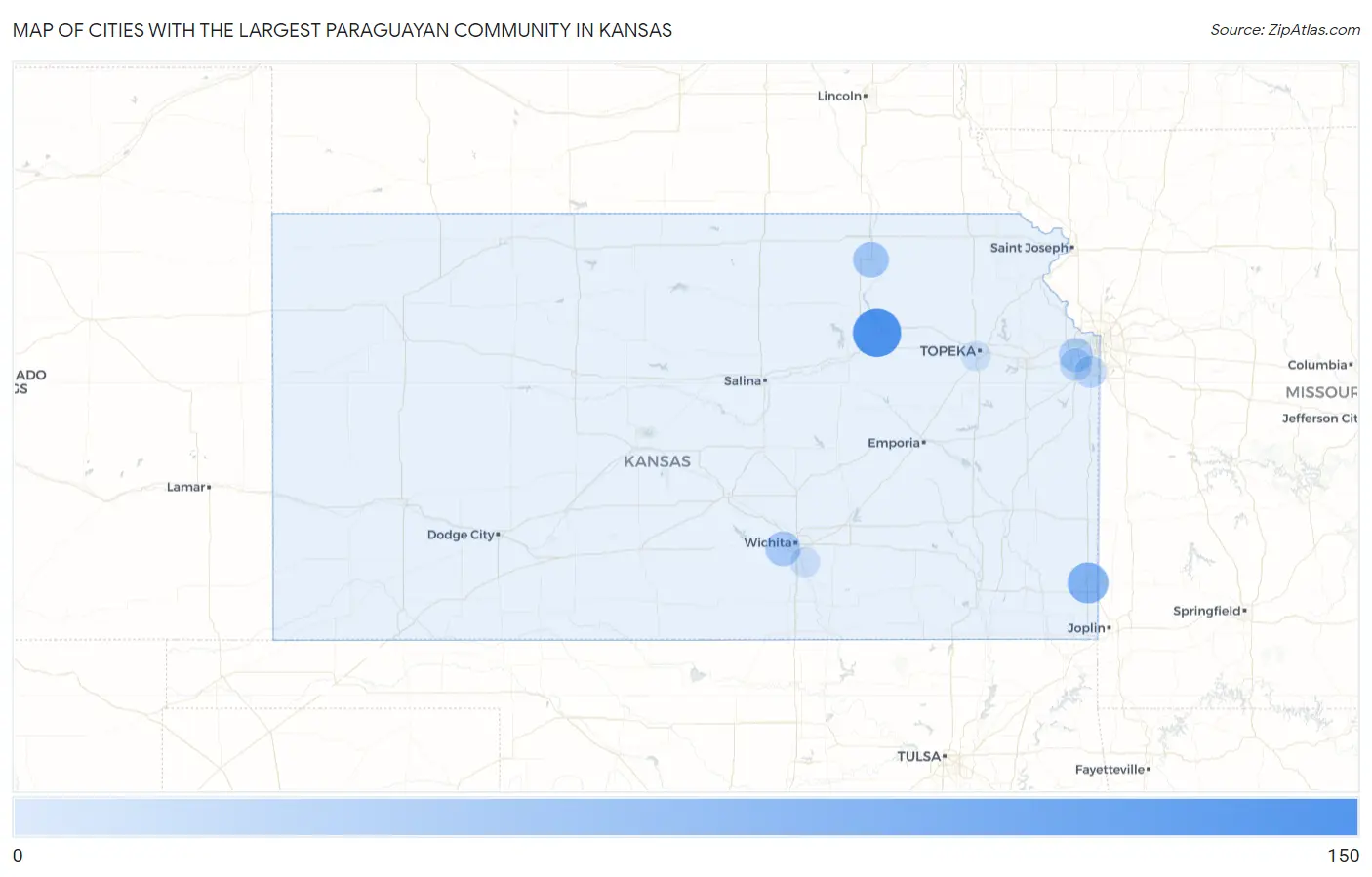 Cities with the Largest Paraguayan Community in Kansas Map