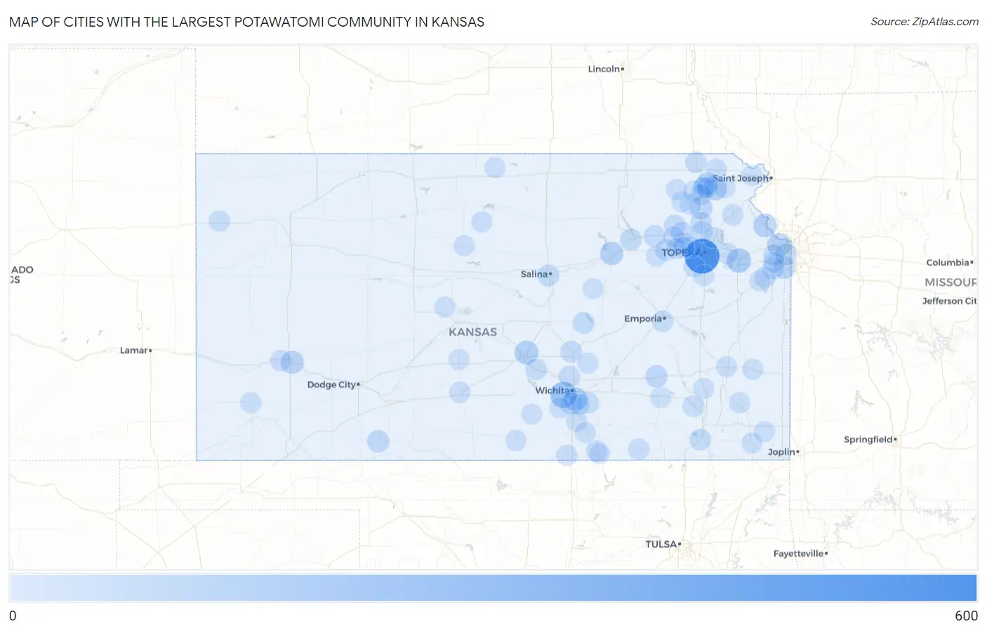 Cities with the Largest Potawatomi Community in Kansas Map