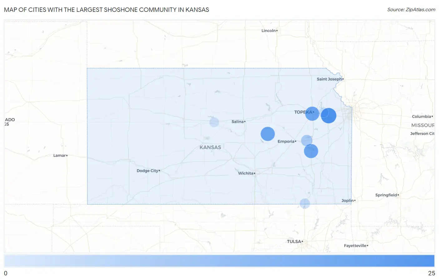 Cities with the Largest Shoshone Community in Kansas Map