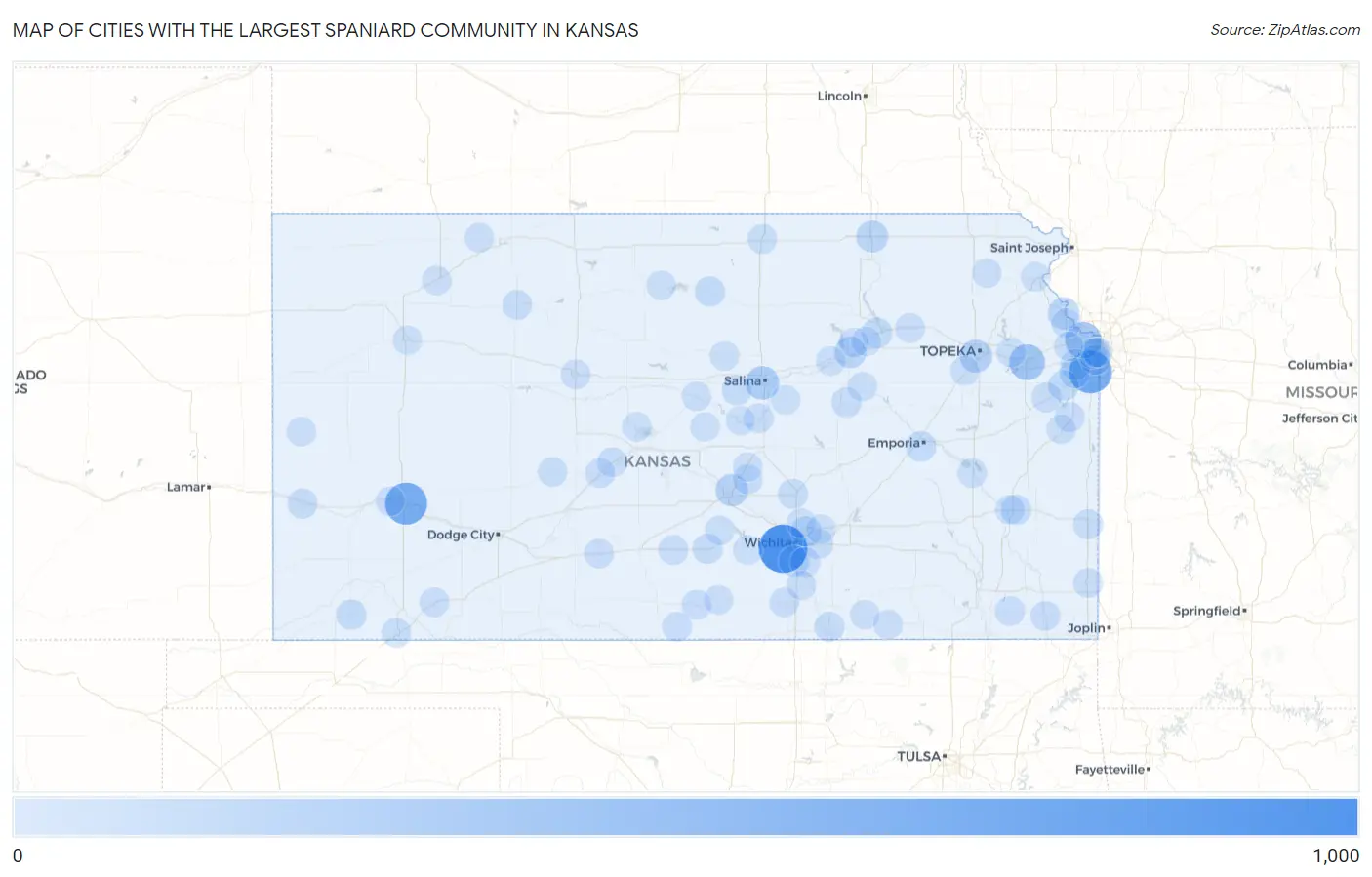 Cities with the Largest Spaniard Community in Kansas Map