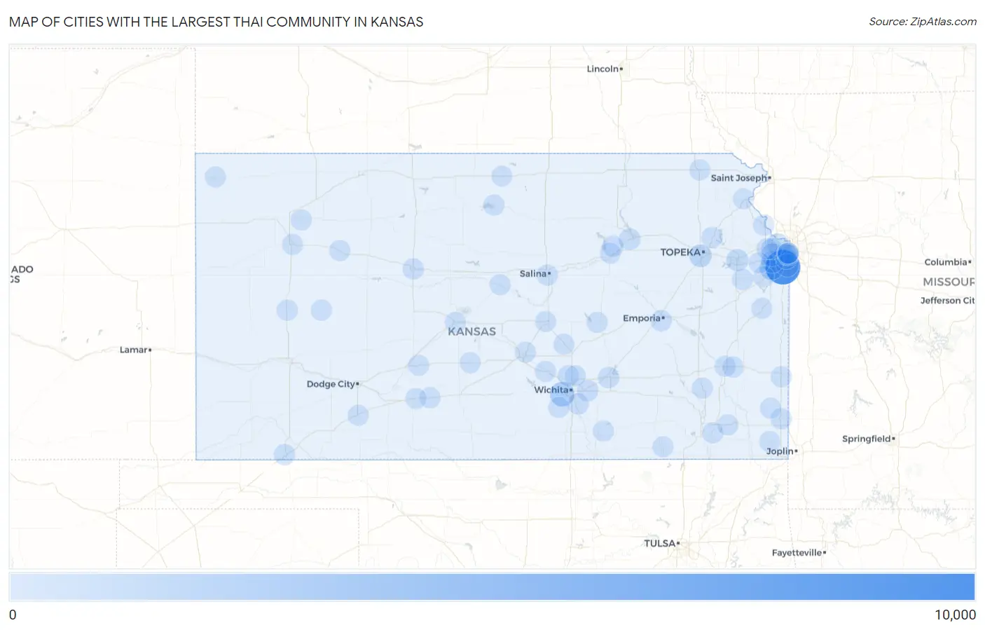 Cities with the Largest Thai Community in Kansas Map