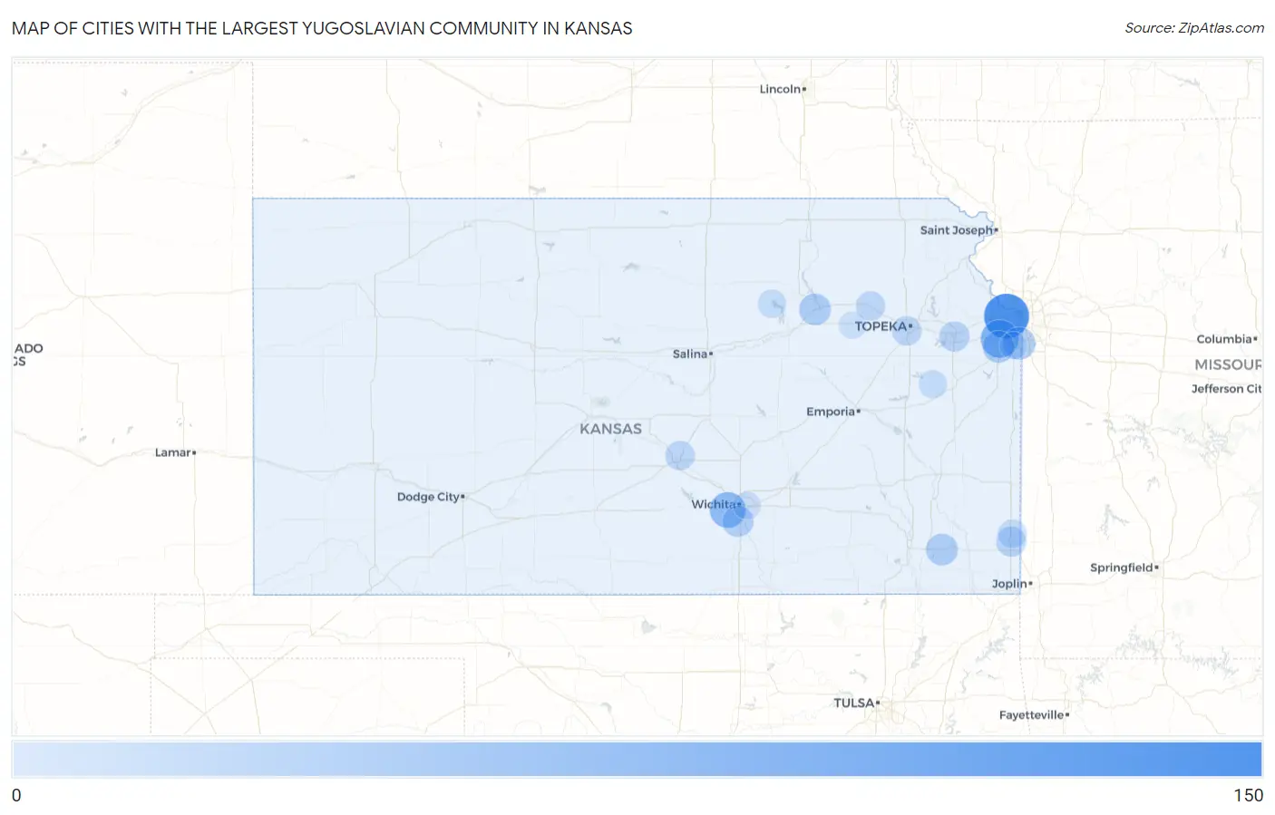 Cities with the Largest Yugoslavian Community in Kansas Map