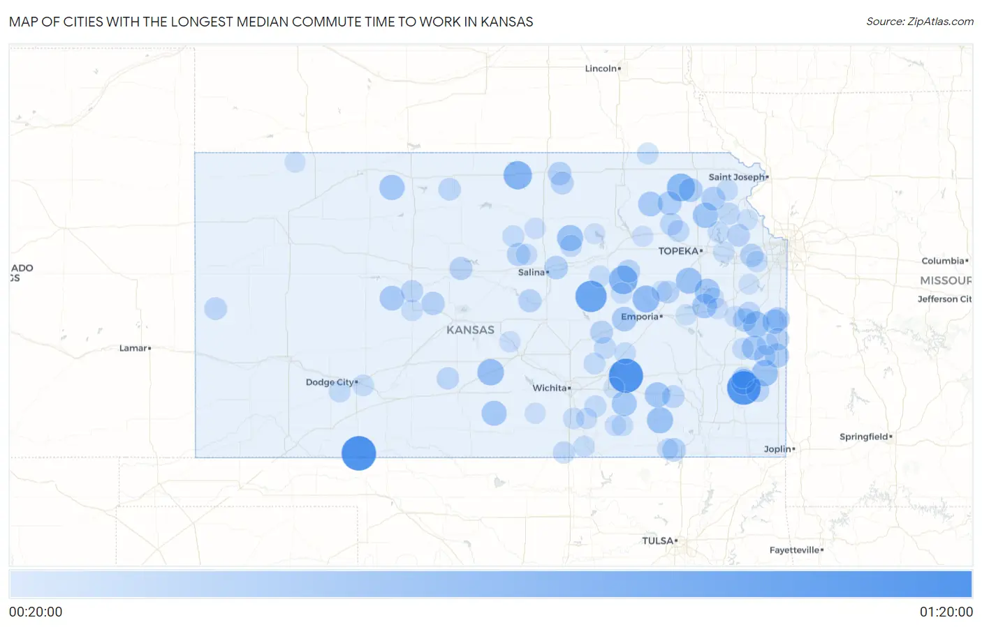 Cities with the Longest Median Commute Time to Work in Kansas Map