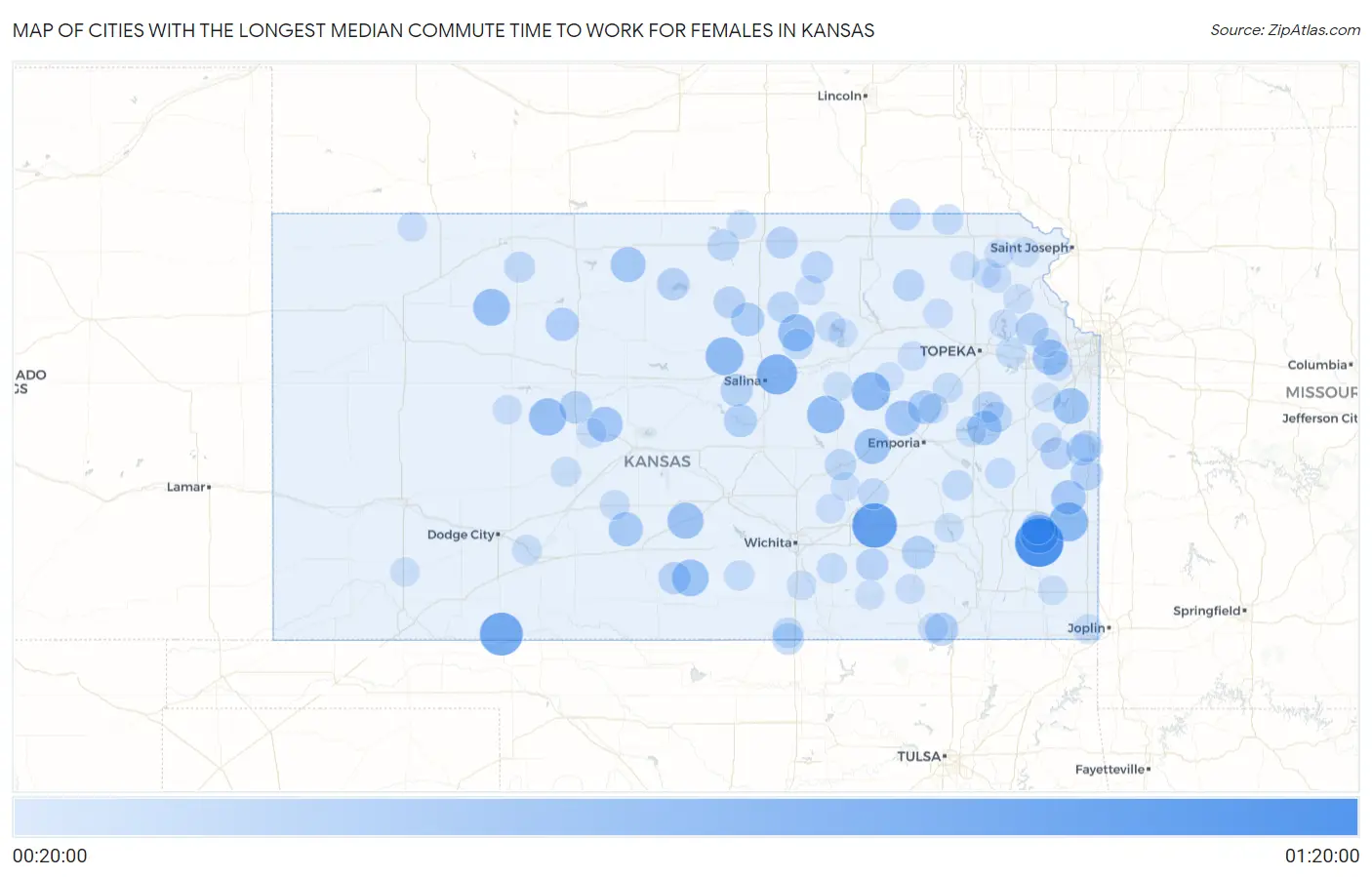 Cities with the Longest Median Commute Time to Work for Females in Kansas Map
