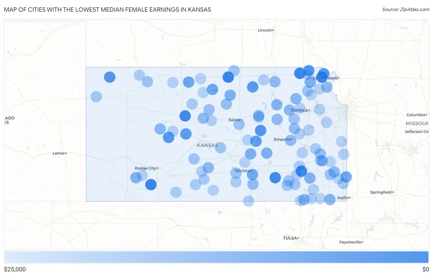 Cities with the Lowest Median Female Earnings in Kansas Map