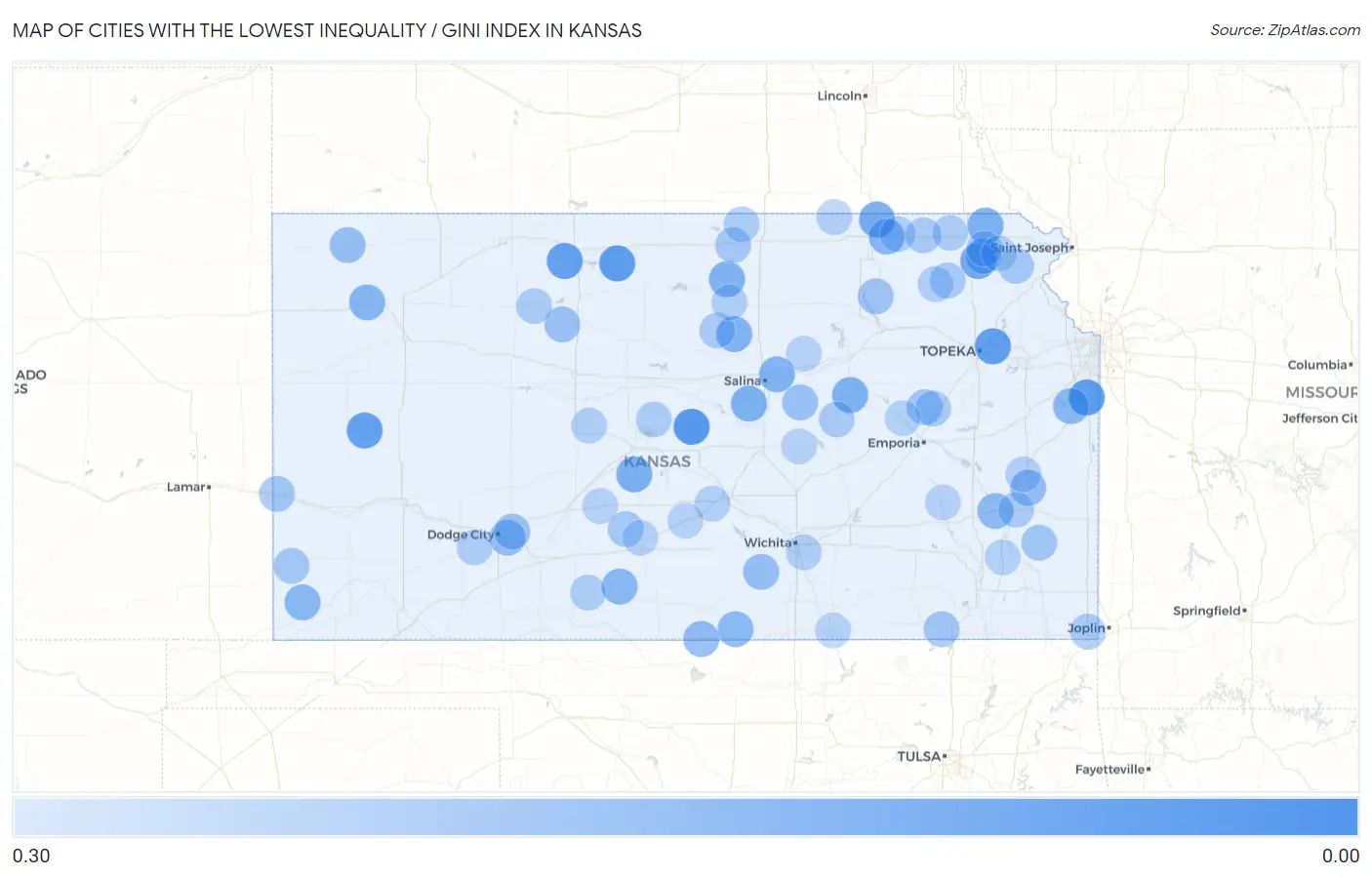 Cities with the Lowest Inequality / Gini Index in Kansas Map