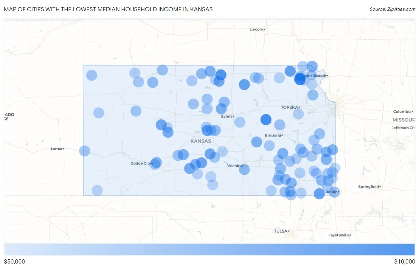 Cities with the Lowest Median Household Income in Kansas Map