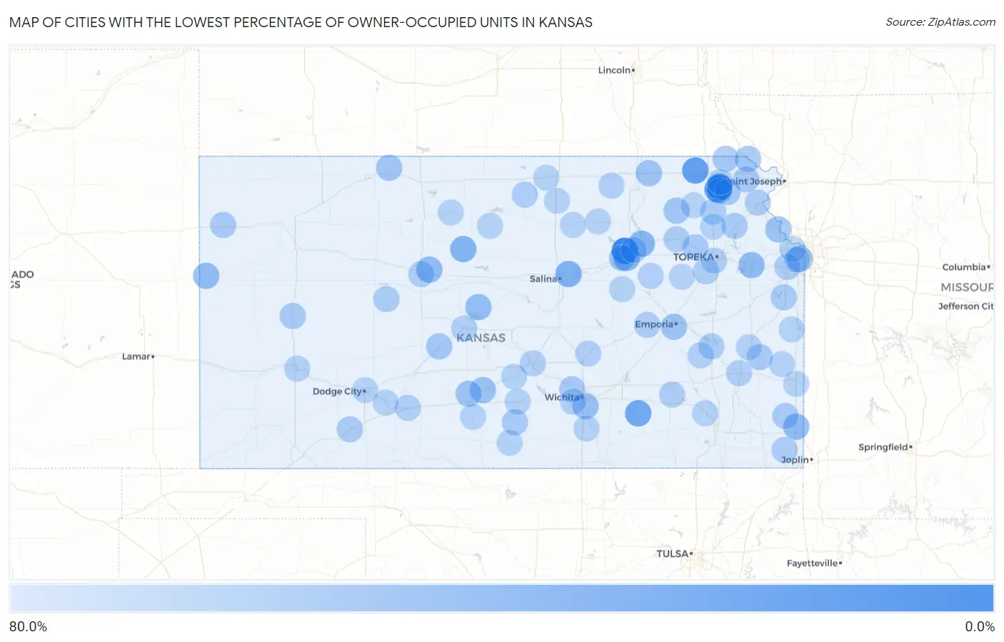 Cities with the Lowest Percentage of Owner-Occupied Units in Kansas Map