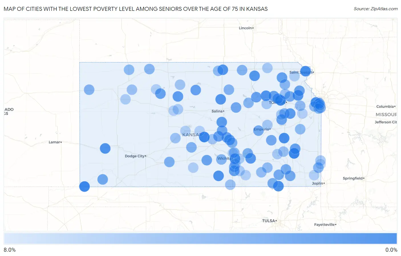 Cities with the Lowest Poverty Level Among Seniors Over the Age of 75 in Kansas Map
