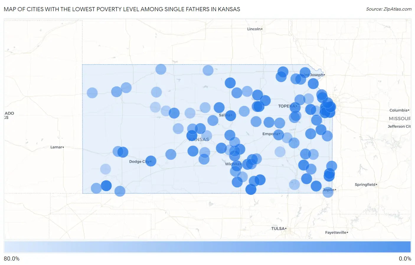 Cities with the Lowest Poverty Level Among Single Fathers in Kansas Map