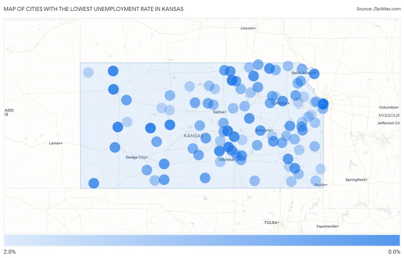 Cities with the Lowest Unemployment Rate in Kansas Map