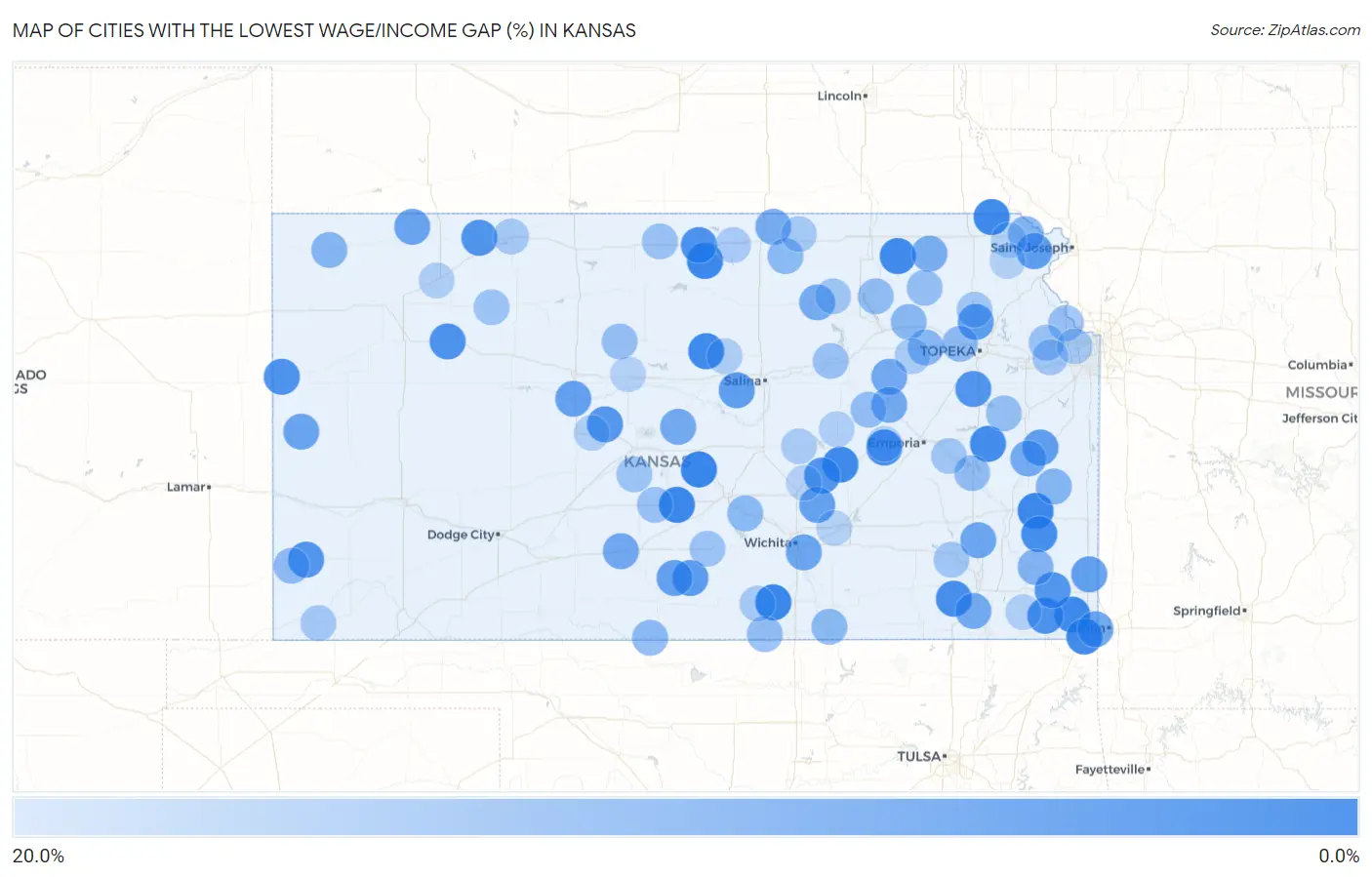 Cities with the Lowest Wage/Income Gap (%) in Kansas Map