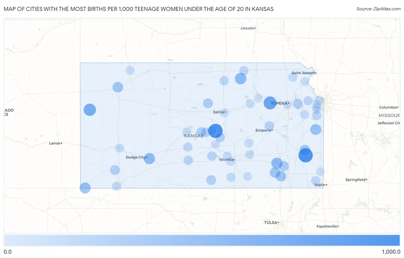 Cities with the Most Births per 1,000 Teenage Women Under the Age of 20 in Kansas Map