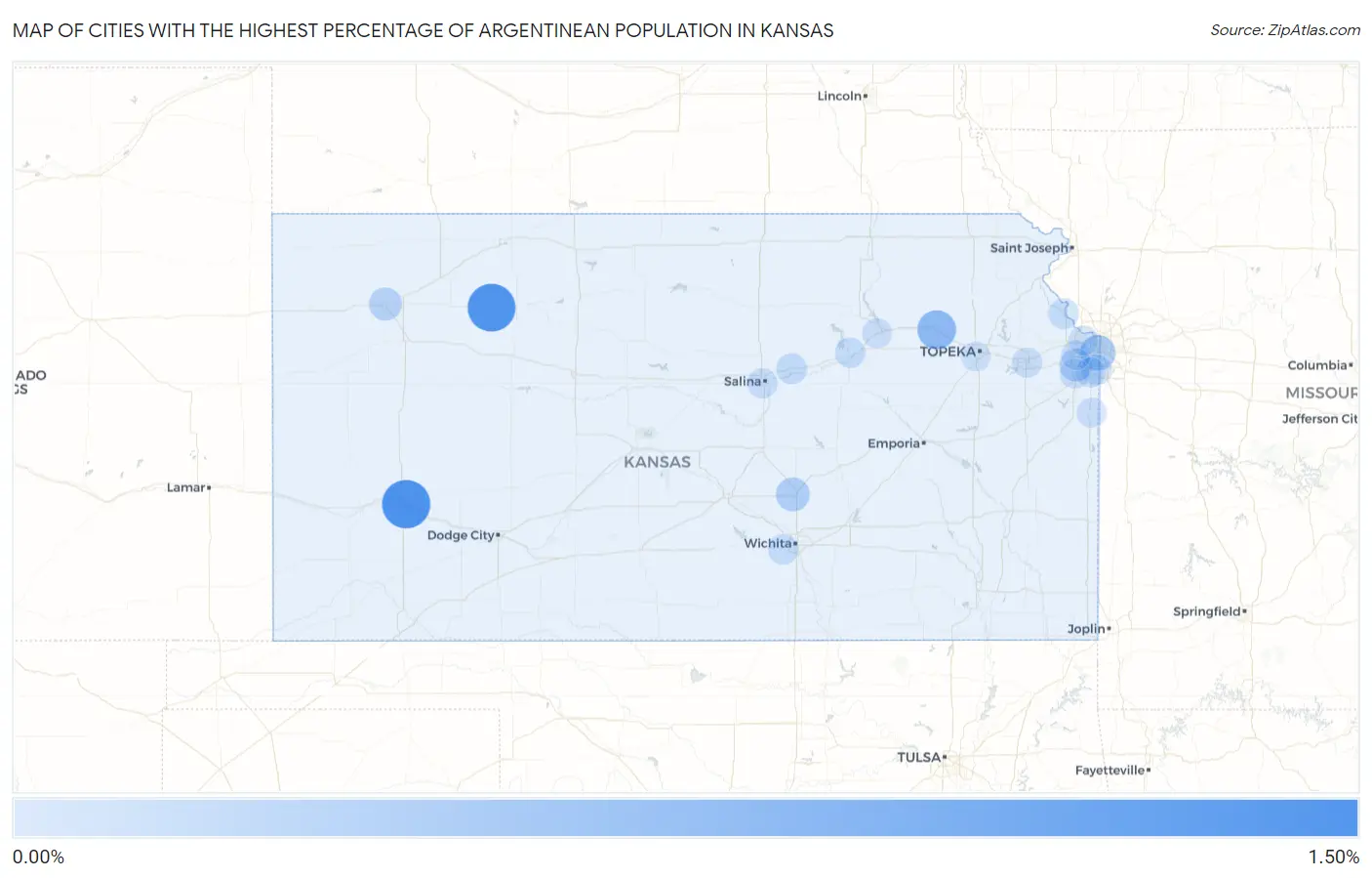 Cities with the Highest Percentage of Argentinean Population in Kansas Map