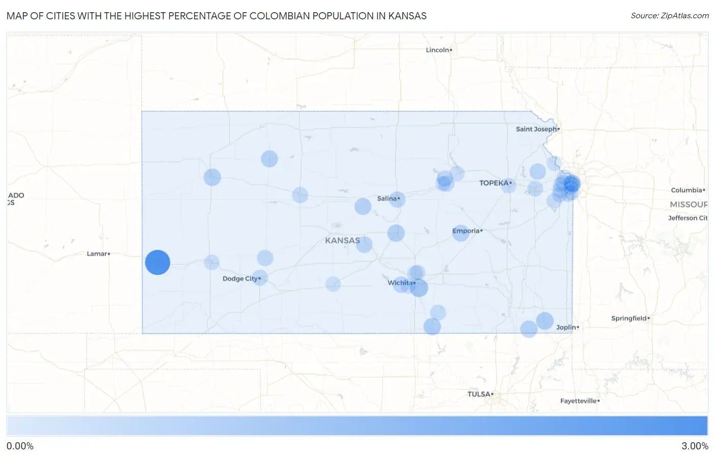 Cities with the Highest Percentage of Colombian Population in Kansas Map